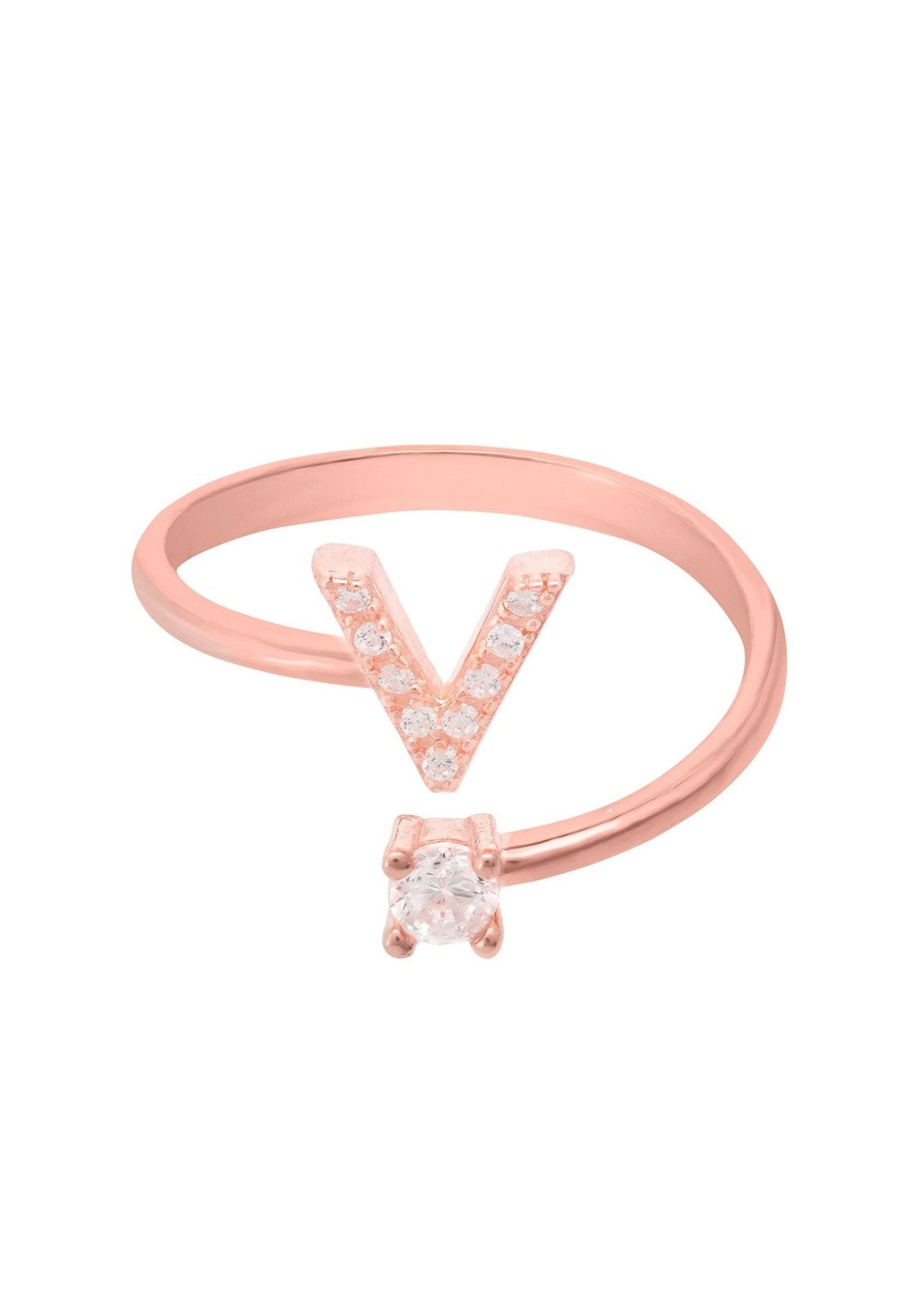 Initial Ring Rosegold V featuring a delicate initial letter design with cubic zirconia, handcrafted in 925 sterling silver and dipped in 22ct rose gold.