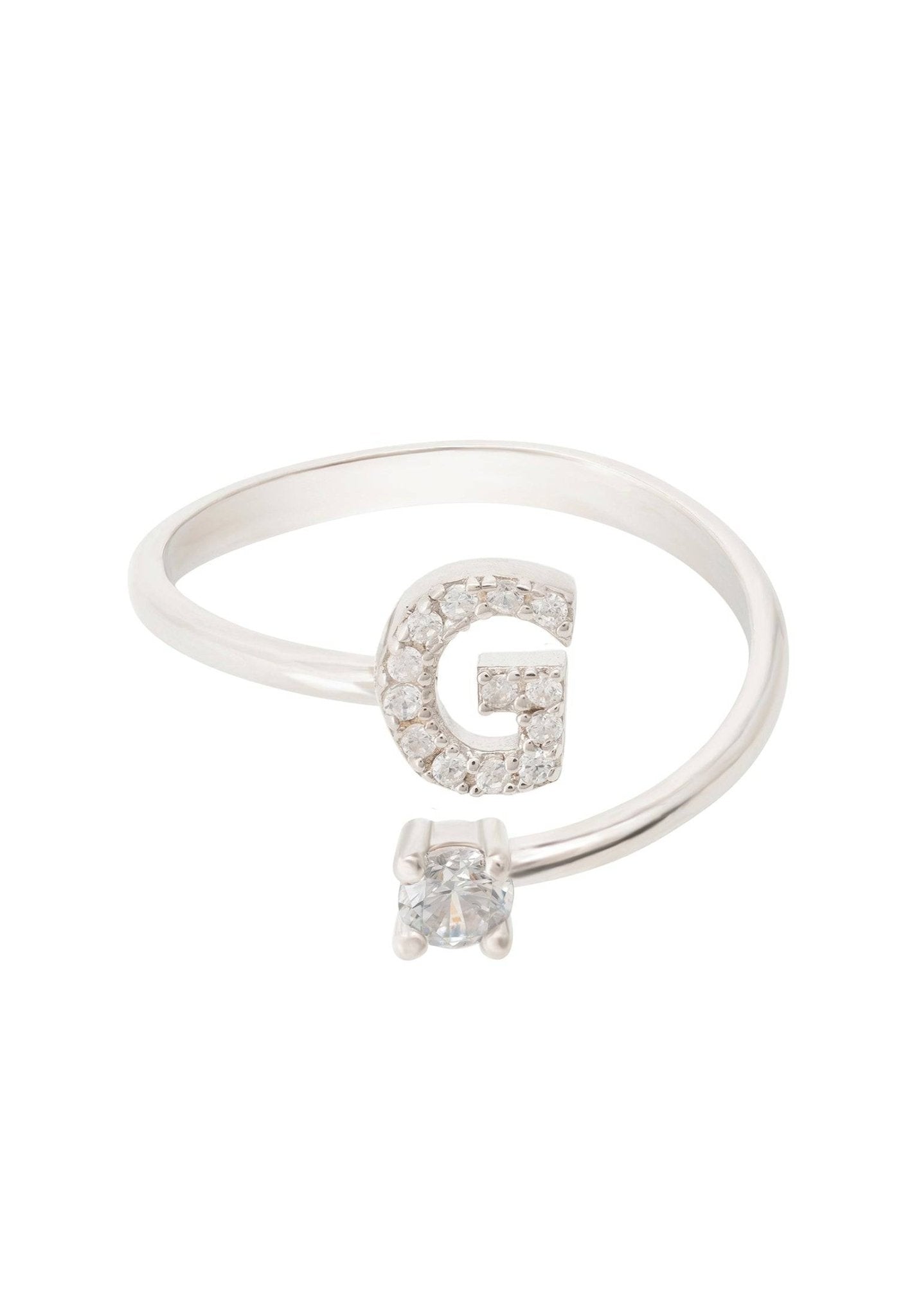 Delicate Initial Ring Silver G crafted from 925 sterling silver with cubic zirconia, featuring a personalized initial design.