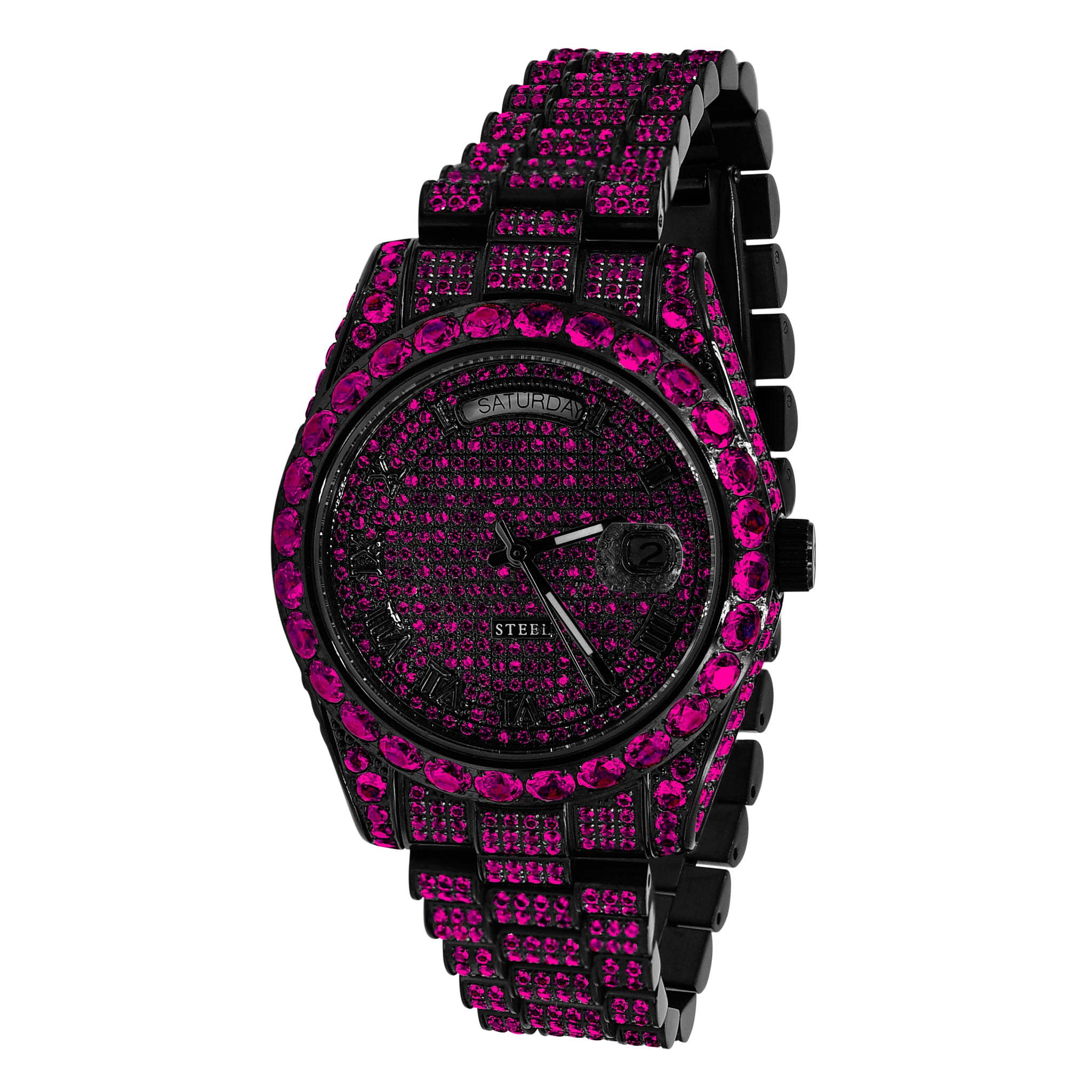 INJURIOSUS Steel Watch CZ featuring cubic zirconia stones and a stainless steel band, showcasing luxury and elegance.