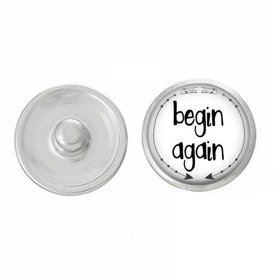 Inspirational Begin Again Snap in ginger color, hand-pressed, 7/8” round, designed for Gingersnaps jewelry, showcasing intricate details.