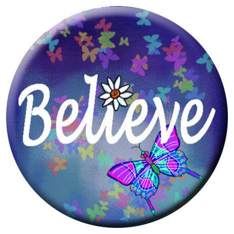 Inspirational Believe Snap featuring a vibrant purple butterfly design, compatible with various snap jewelry bases.