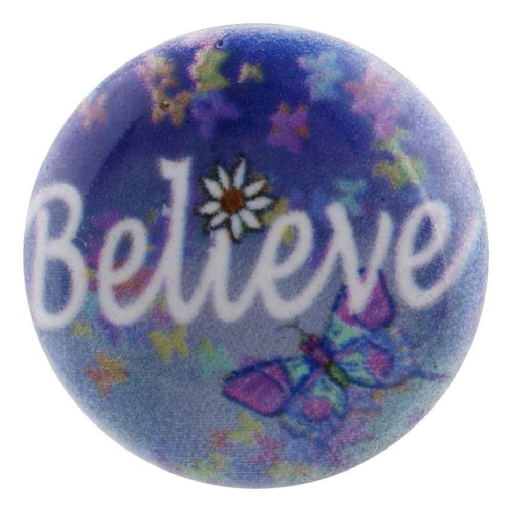 Inspirational Believe Snap featuring a vibrant purple butterfly design, compatible with various snap jewelry bases.