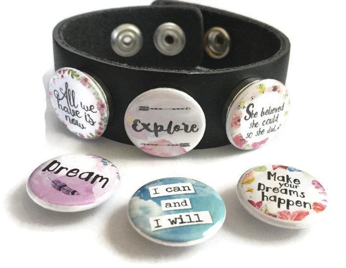 Inspirational Embrace Imperfection Snap, hand-pressed 7/8 inch round snap, colorful design for jewelry.