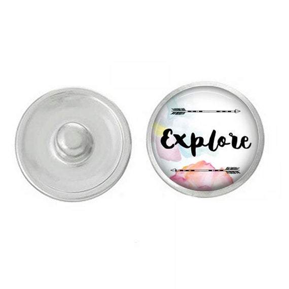 Inspirational Explore Snap, a hand-pressed 7/8” round snap designed for Ginger Snaps jewelry, showcasing vibrant colors and intricate designs.