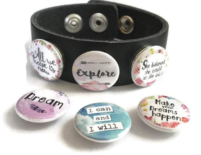 Inspirational 'Have Courage Be Brave' snap, 7/8 inch round, designed for snap jewelry, featuring a motivational message.