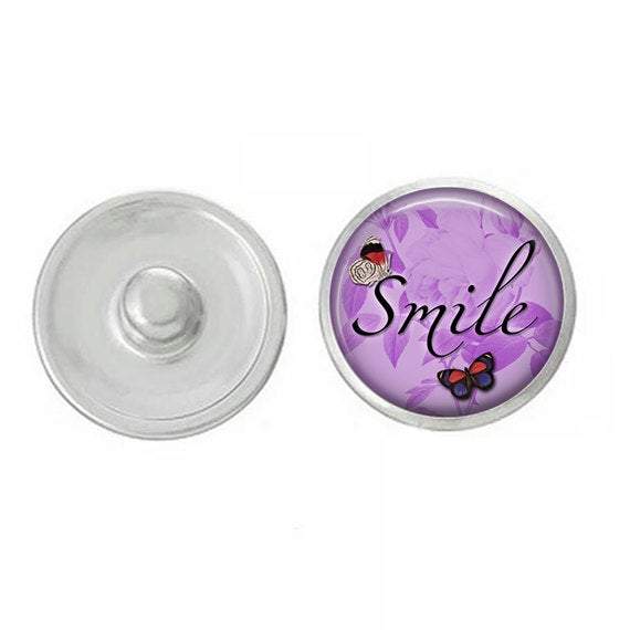 Smile Inspirational Snap charm designed for interchangeable snap jewelry, featuring vibrant colors and a 7/8" size for compatibility with various bases.