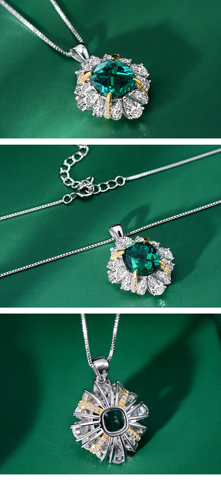 A stunning Green Forest-inspired necklace made of 925 sterling silver, featuring emerald and white sapphire stones, elegantly designed for a luxurious look.