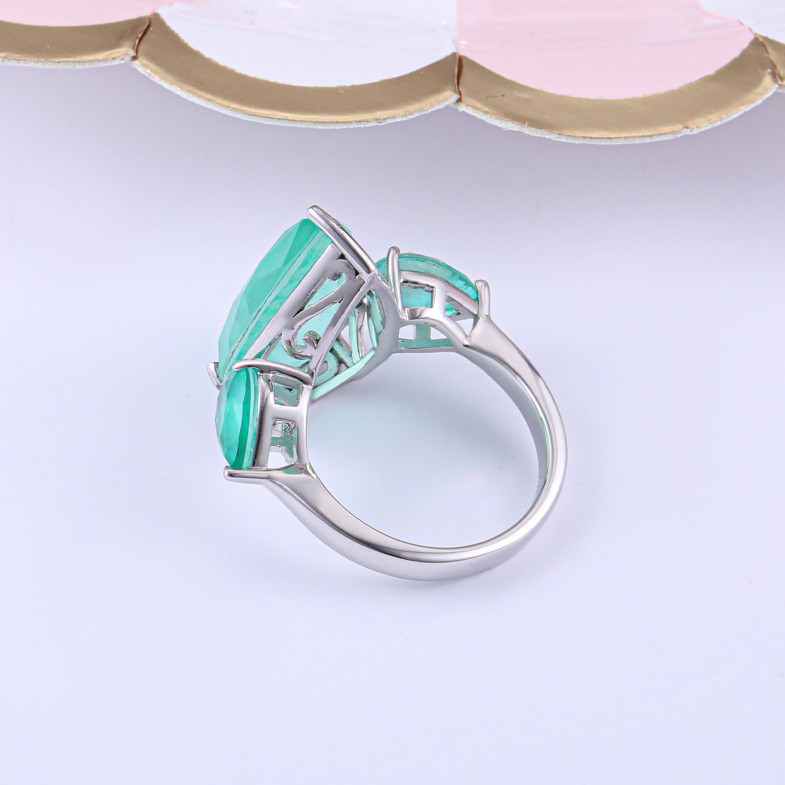 Inspired Tourmaline Paraiba ring featuring a blue paraiba stone set in 925 sterling silver with a white gold finish.