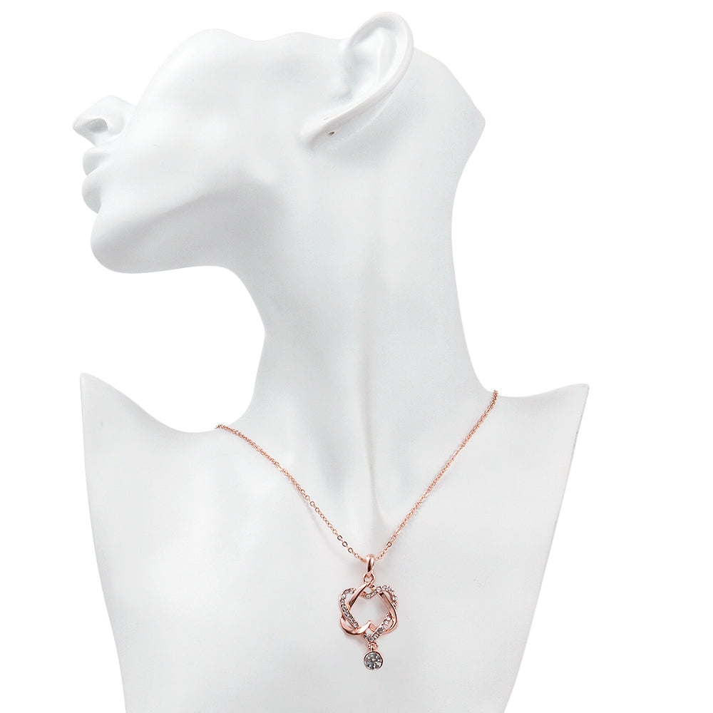 Intertwined Heart Necklace in 18K Rose Gold Plated with Crystals, elegantly designed and presented in a white gift box.