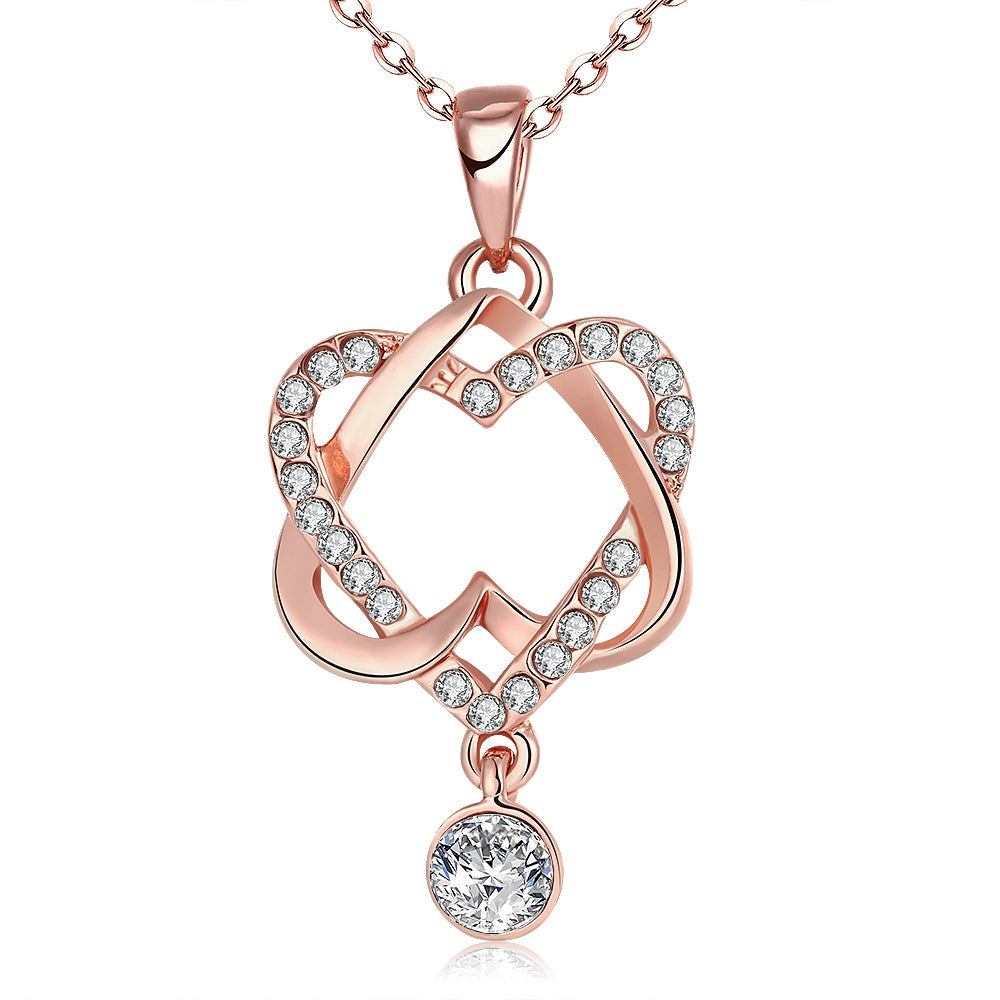 Intertwined Heart Necklace in 18K Rose Gold Plated with Crystals, elegantly designed and presented in a white gift box.