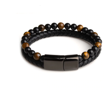 Intrepid Steel Bracelet featuring black stainless steel and genuine leather, showcasing a two-layer design with earth-toned beads.