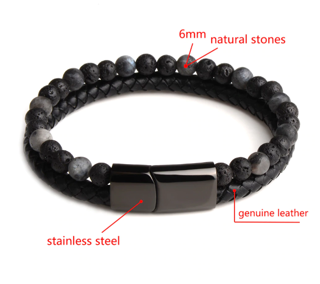 Intrepid Steel Bracelet featuring black stainless steel and genuine leather, showcasing a two-layer design with earth-toned beads.