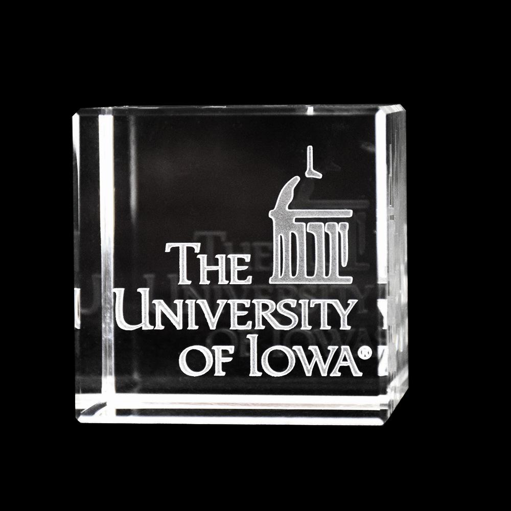 Iowa Hawkeyes Academic Logo Crystal Cube showcasing the school logo inside a clear optical crystal cube.