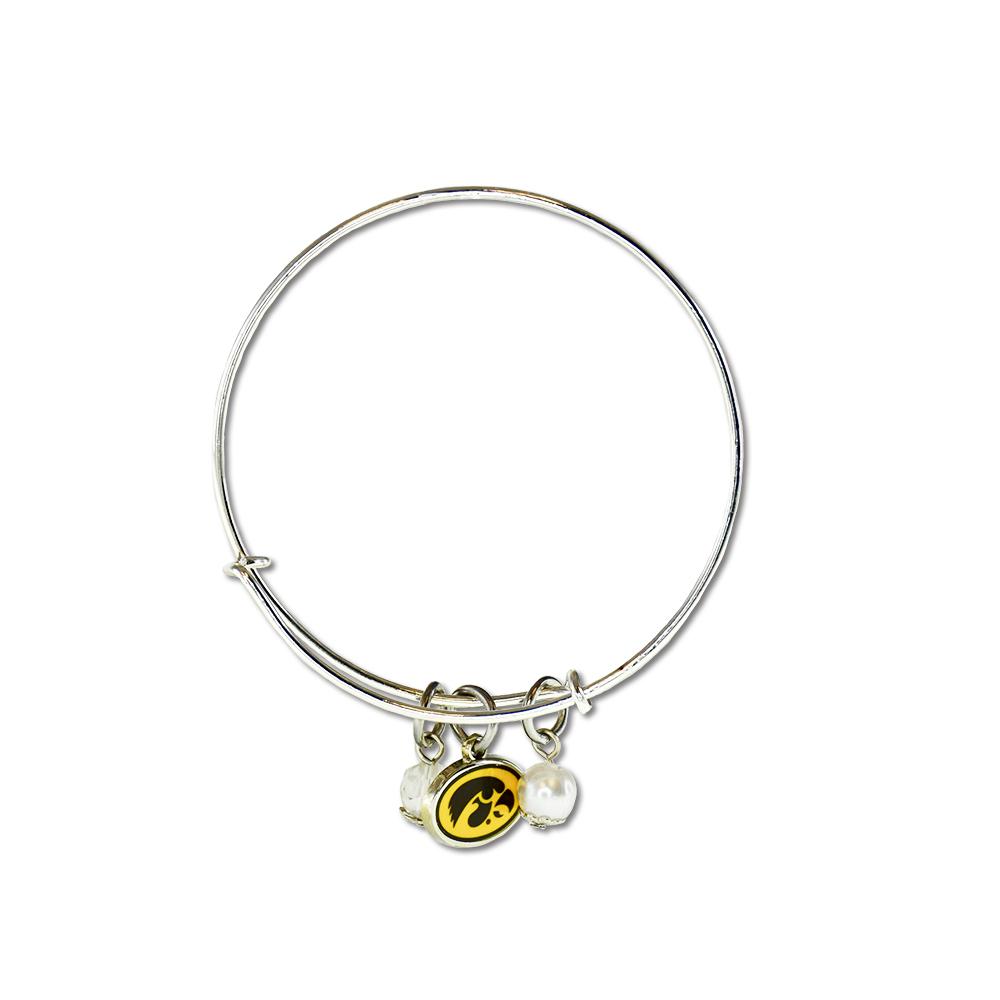 Iowa Hawkeyes Bangle Bracelet featuring logo charm, rhinestones, and pearl, adjustable from 7-8 inches.