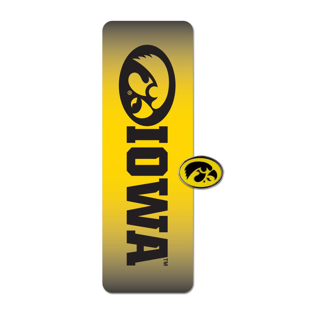 Iowa Hawkeyes Bookmark and Pin set featuring the iconic logo and fight song, perfect for fans.