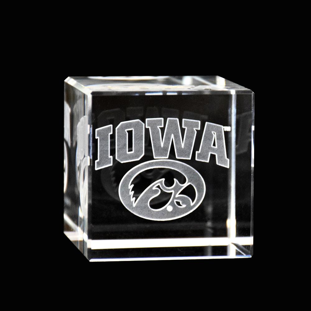 Iowa Hawkeyes Crystal Cube showcasing the team's logo in a clear optical crystal design with sharp angles.