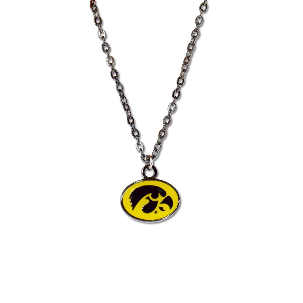 IOWA HAWKEYES FAN NECKLACE featuring a silver pendant with the Hawkeye logo and an adjustable chain.