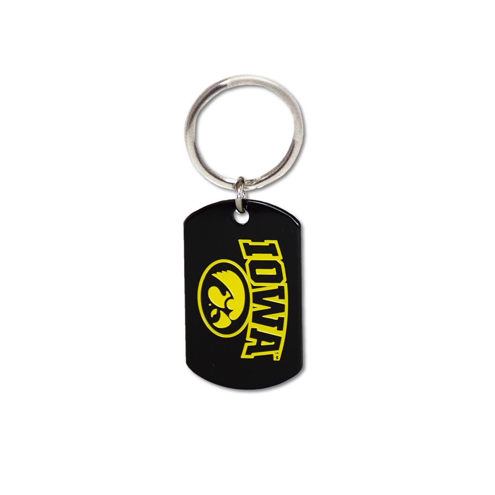 Iowa Hawkeyes Keychain featuring the iconic logo on a black finish, with a sturdy key ring.