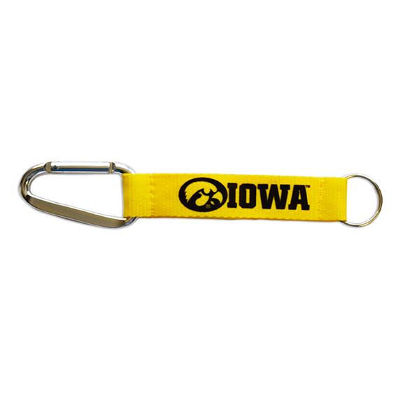 Iowa Hawkeyes Keytag Lanyard featuring the University of Iowa logo, carabiner clip, and key ring.