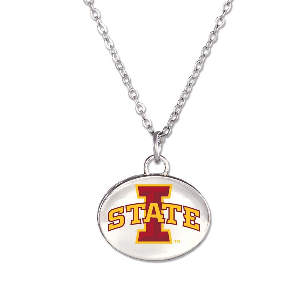 Iowa State University fan necklace with silver finish and logo pendant, adjustable chain.