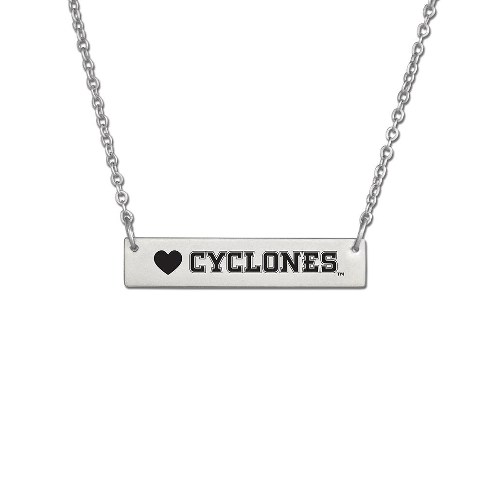 Iowa State Bar Necklace featuring brushed silver finish and adjustable chain, perfect for Cyclones fans.