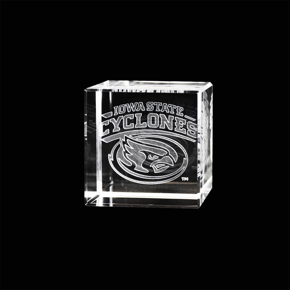 Iowa State Crystal Cube showcasing the university logo in clear optical crystal with sharp cut angles.