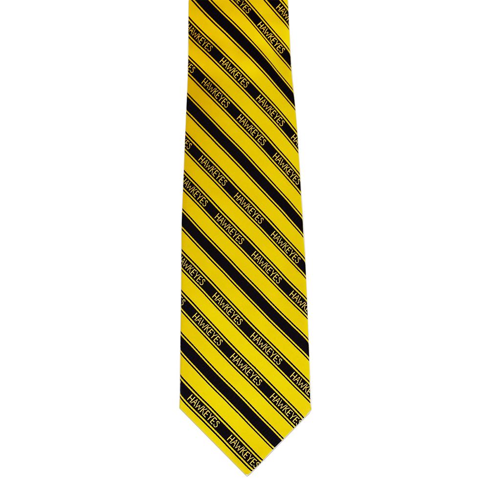 Iowa Youth Tie featuring trendy stripes in university colors, made from durable microfiber material.