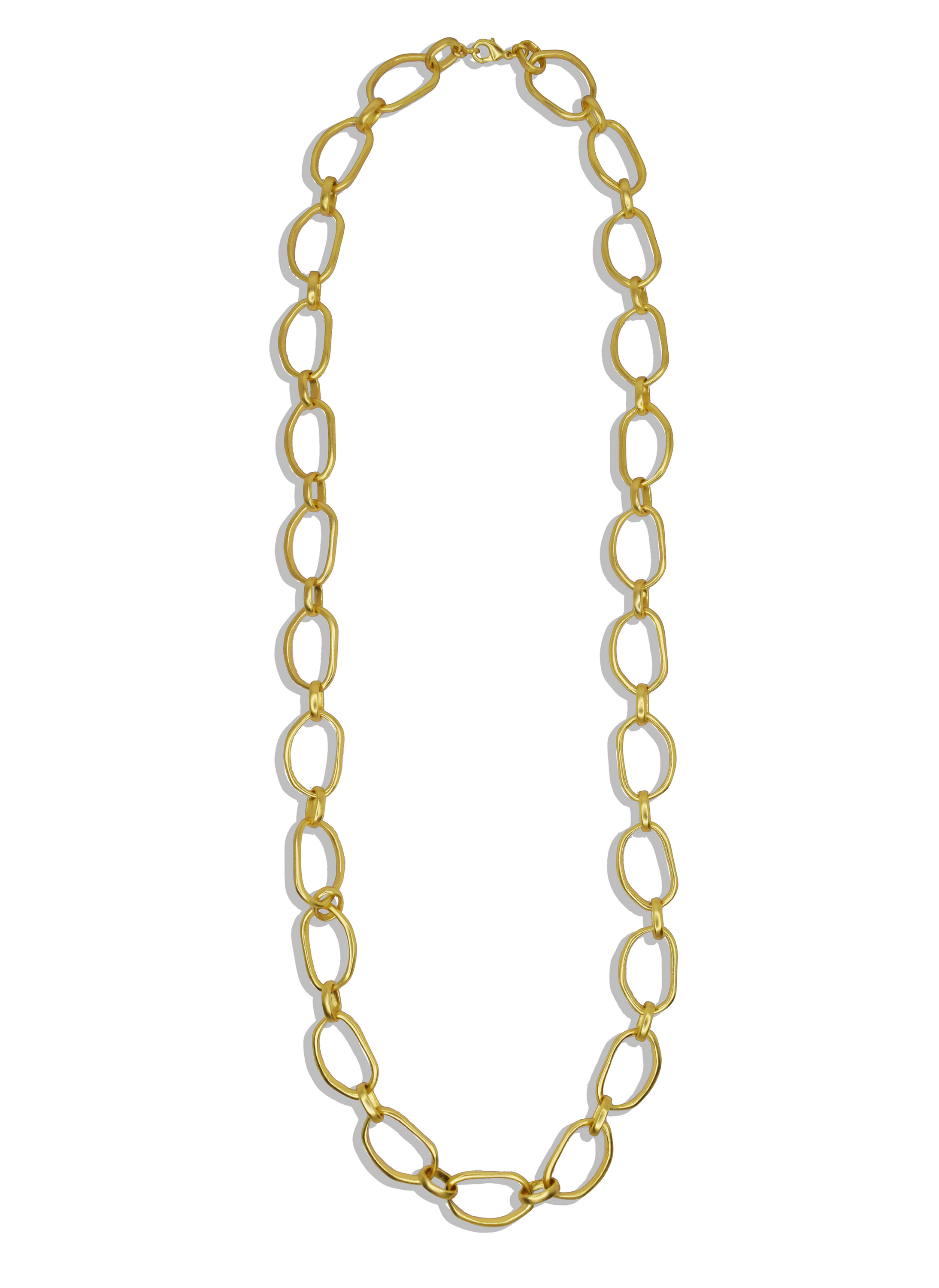 Irregular Link Long Chain necklace featuring polished gold cut-out links, elegantly displayed against a neutral background.