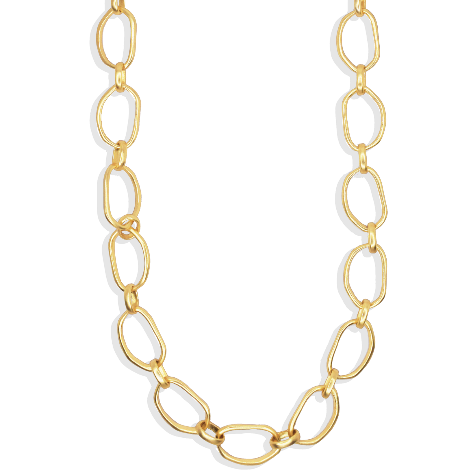 Irregular Link Long Chain necklace featuring polished gold cut-out links, elegantly displayed against a neutral background.