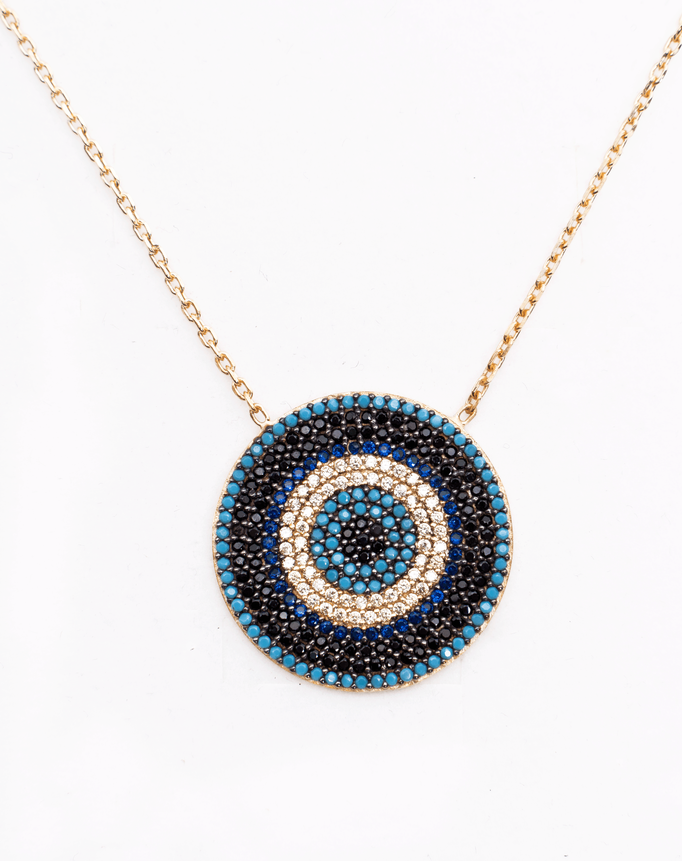 IREM Necklace featuring vibrant cubic zirconia in turquoise, yellow, and blue, crafted from 925 sterling silver with a yellow gold plating.