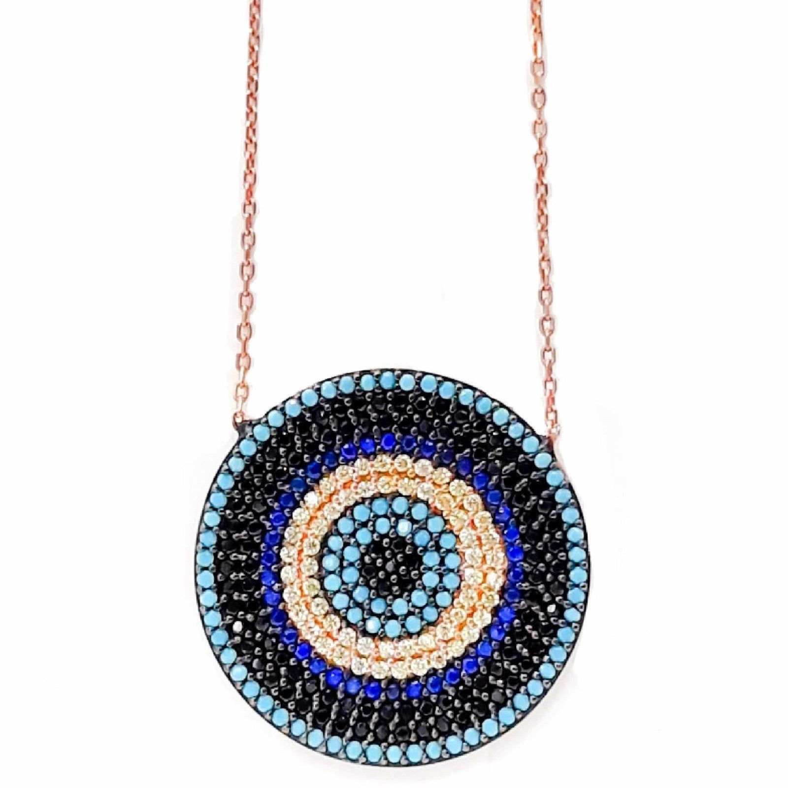 IREM Necklace featuring vibrant cubic zirconia in turquoise, yellow, and blue, crafted from 925 sterling silver with a yellow gold plating.