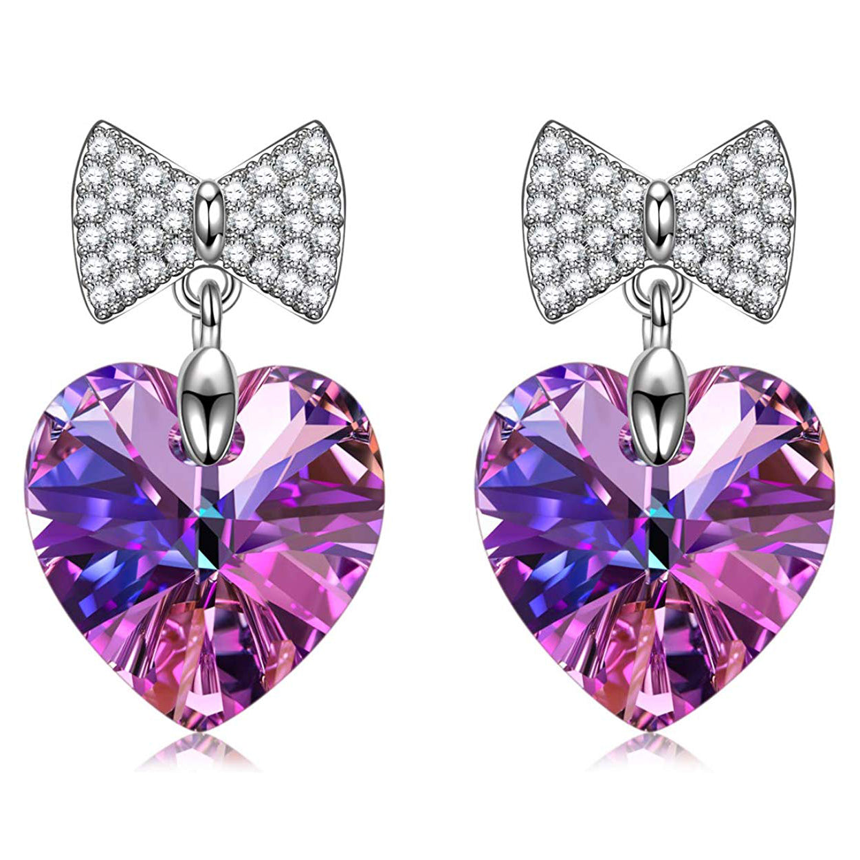 Iridescent Amethyst Heart Shaped Bow-Tie Earrings featuring 18K white gold plating and a stunning purple gemstone.