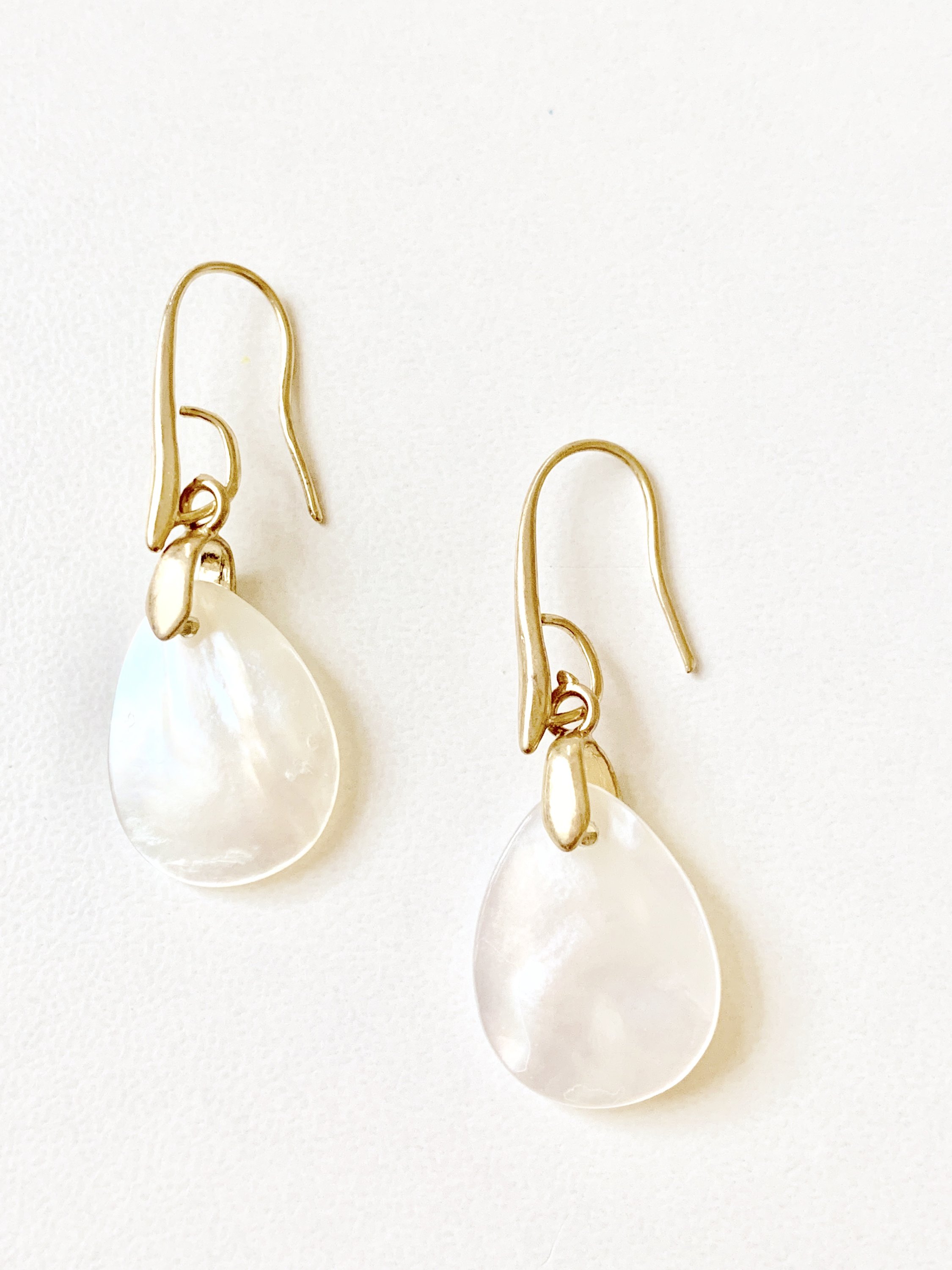 Elegant iridescent natural shell dangle earrings for women, featuring gold plating and fish hook backs.