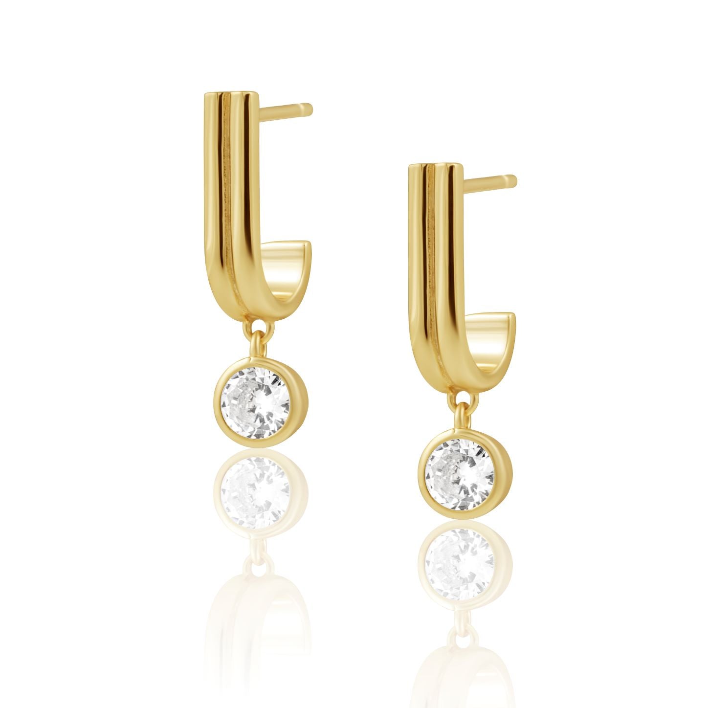 Iris CZ Earring featuring a half-inch drop design with a sparkling cubic zirconia stone and 18k gold plating.