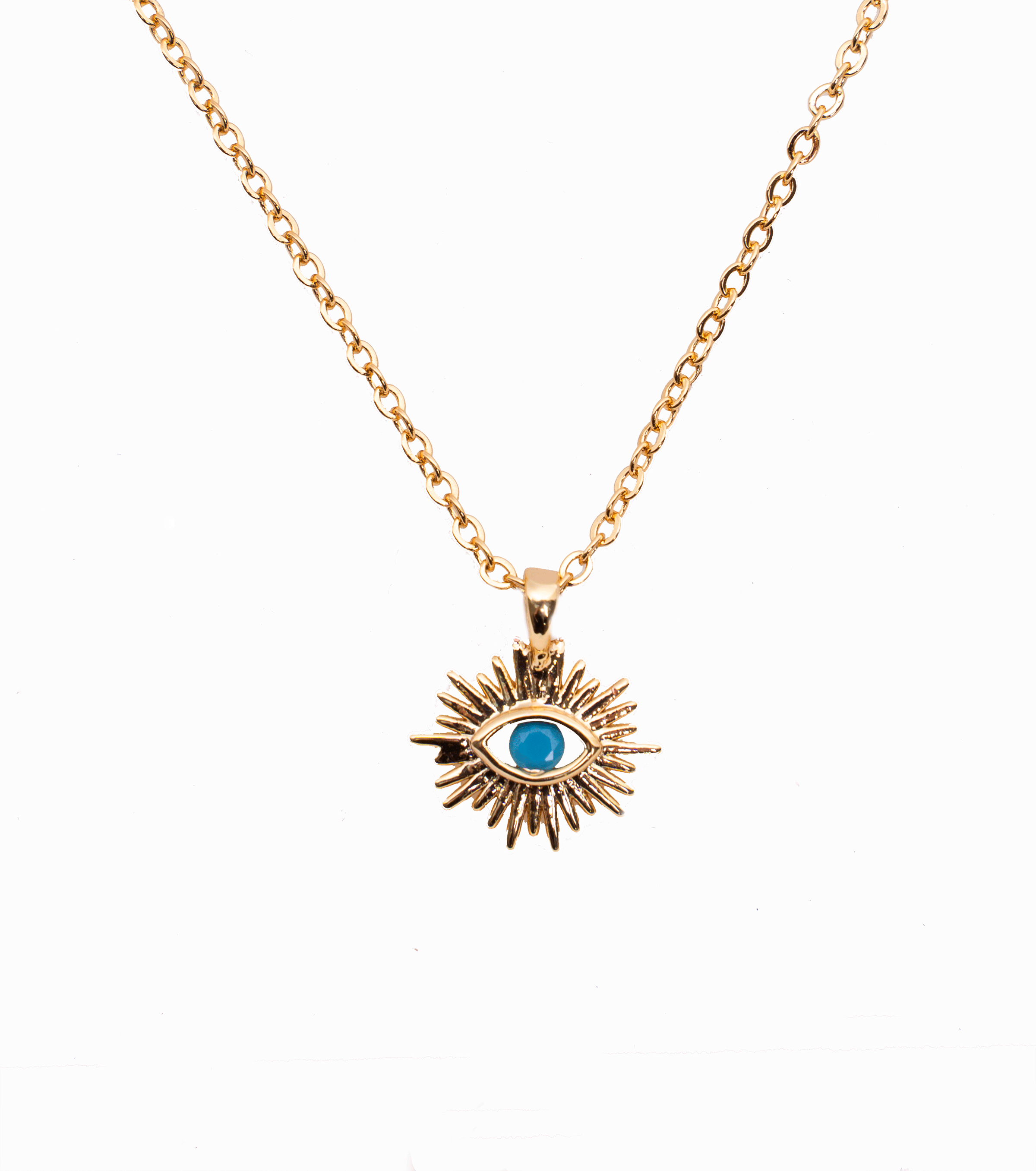 IRIS Necklace featuring an evil eye design with sun rays and a cubic zirconia stone, elegantly plated in 18K gold.