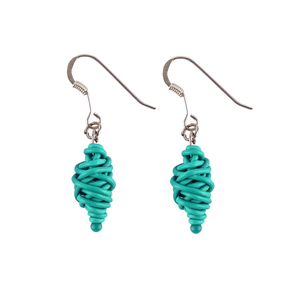 Isla Recycled Electrical Wire Earrings in four vibrant colors, featuring delicate beads and sterling silver hooks, elegantly displayed in a luxury gift box.