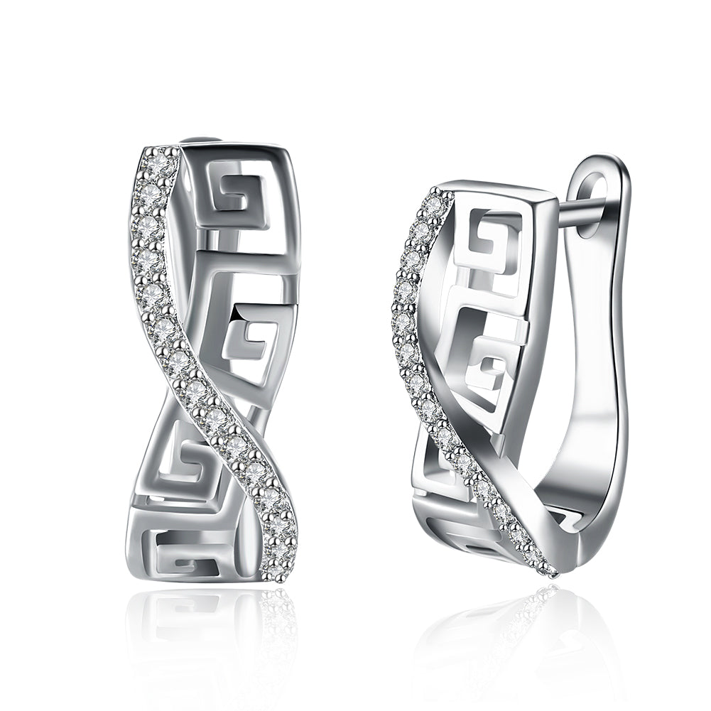 Elegant Italian Twist Roman Design Leverback Earrings in 18K White Gold Plated, showcasing their intricate design and luxurious finish.