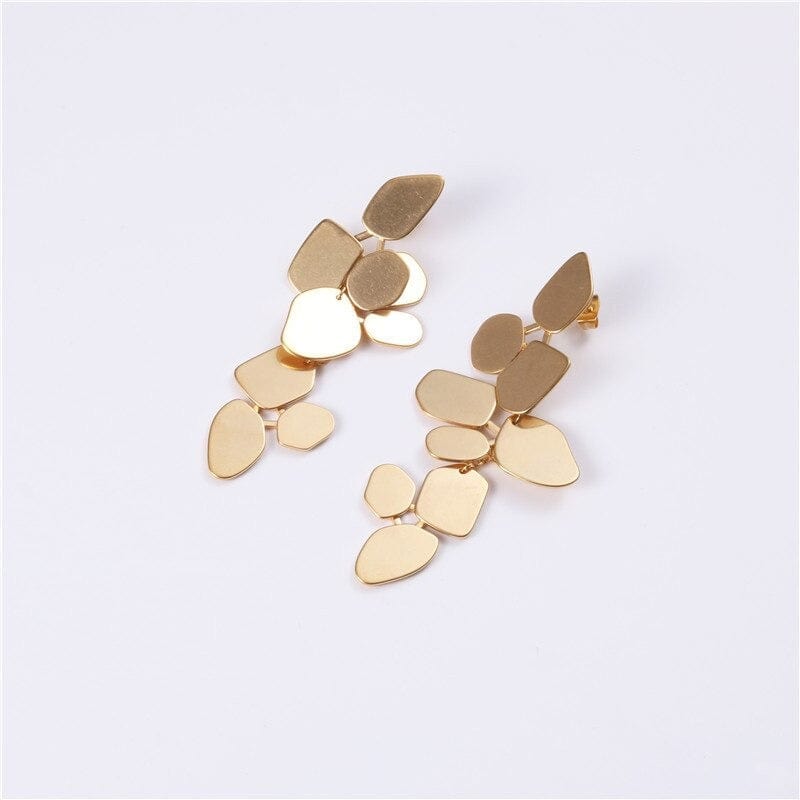 Ivy Leaf Dangle Earrings featuring a chandelier design with geometric shapes in matte 18Kt yellow gold over titanium steel.