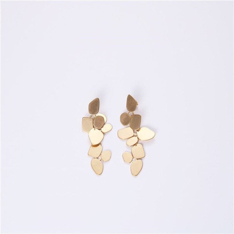 Ivy Leaf Dangle Earrings featuring a chandelier design with geometric shapes in matte 18Kt yellow gold over titanium steel.