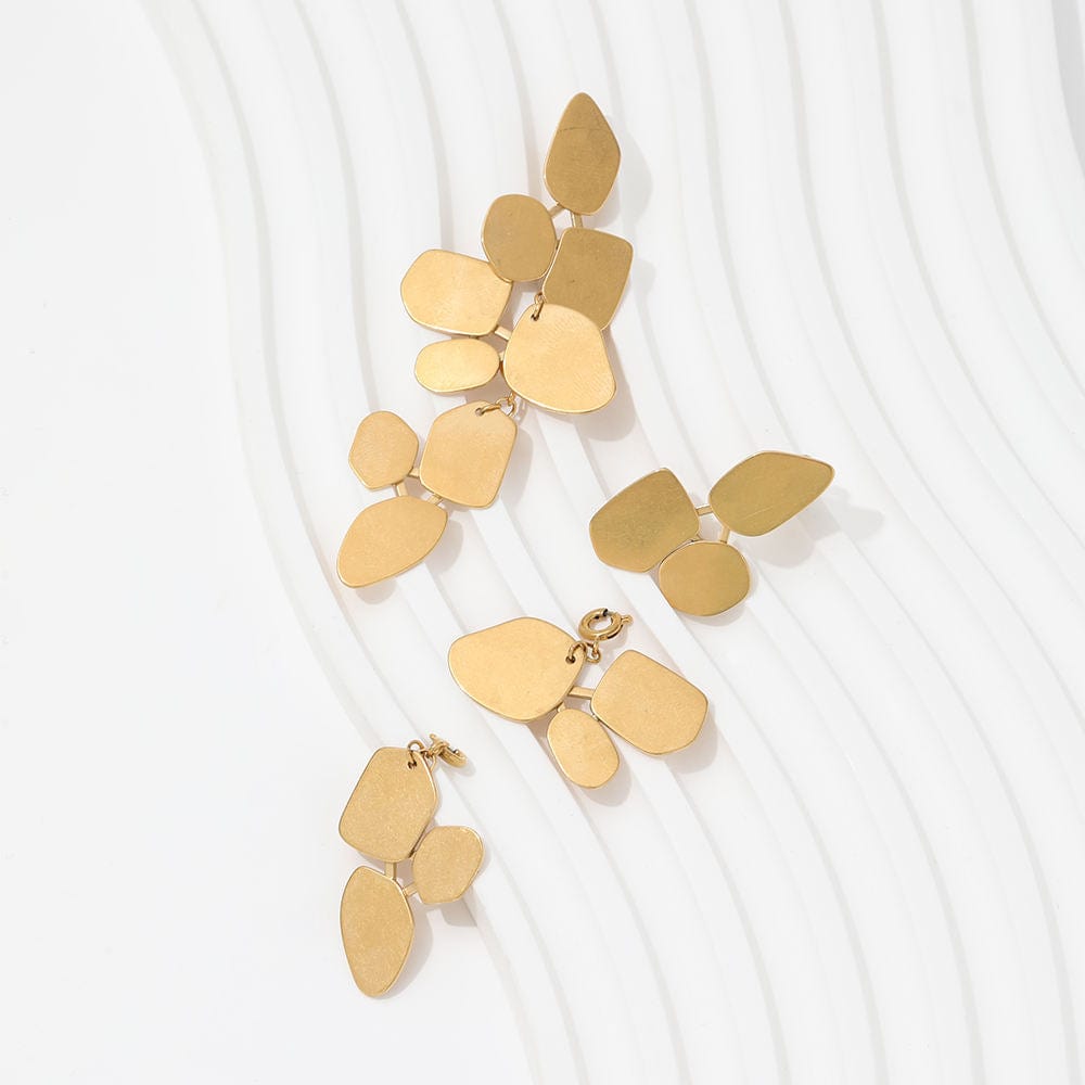 Ivy Leaf Dangle Earrings featuring a chandelier design with geometric shapes in matte 18Kt yellow gold over titanium steel.