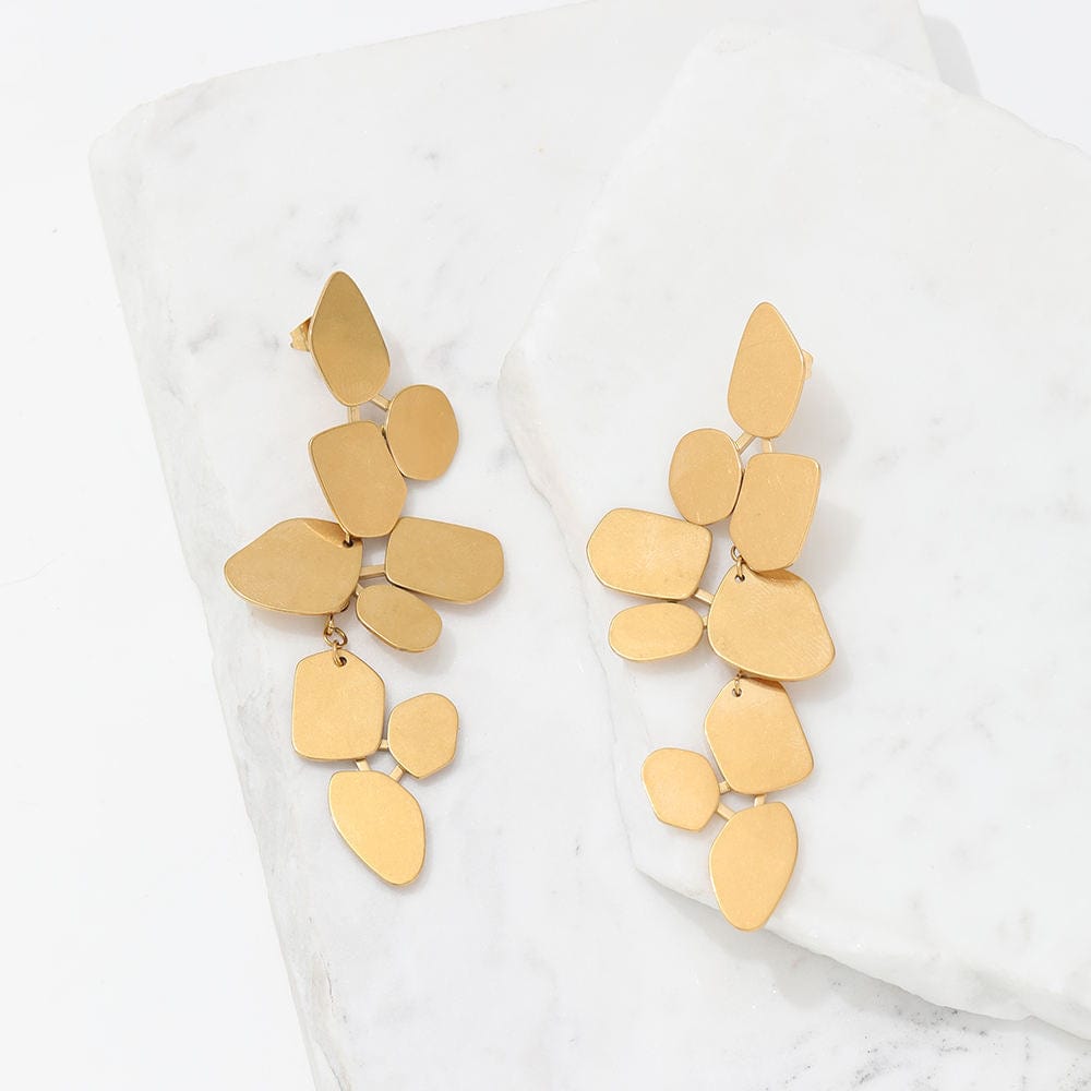 Ivy Leaf Dangle Earrings featuring a chandelier design with geometric shapes in matte 18Kt yellow gold over titanium steel.