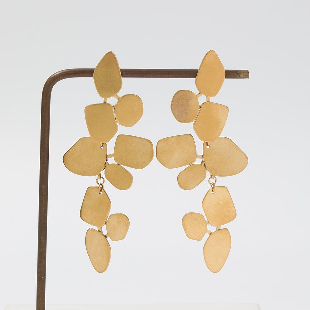 Ivy Leaf Dangle Earrings featuring a chandelier design with geometric shapes in matte 18Kt yellow gold over titanium steel.