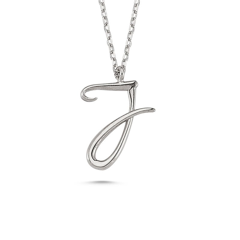 J Letter Mini Initial Silver Necklace featuring a flat 'J' pendant on a sterling silver chain with rose gold and rhodium plating options.