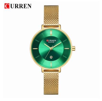 Jade Curren Women Watch featuring an emerald green dial and a luxurious gold textured band, showcasing elegance and sophistication.