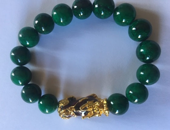 Jade Green Pi Xiu Bracelet with 12 mm beads, symbolizing prosperity and protection.