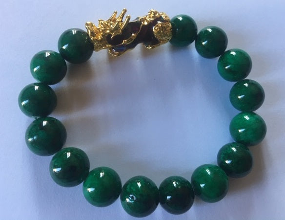 Jade Green Pi Xiu Bracelet with 12 mm beads, symbolizing prosperity and protection.