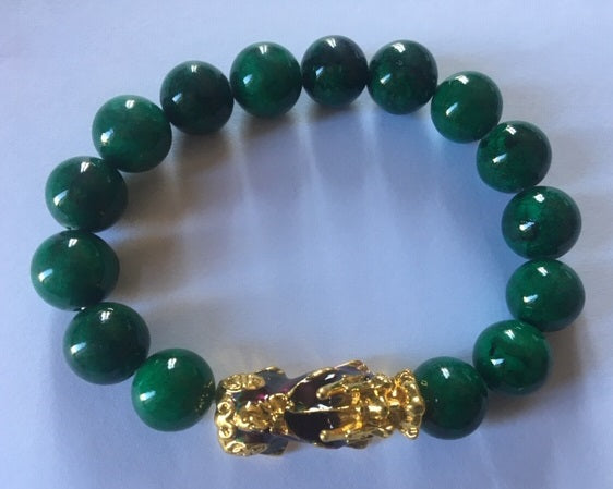 Jade Green Pi Xiu Bracelet with 12 mm beads, symbolizing prosperity and protection.