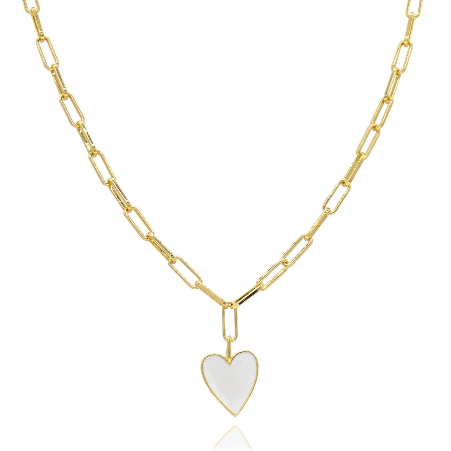 Jamie Enamel Heart necklace in white with a heart pendant, featuring a 16-inch chain and a 2-inch extender.