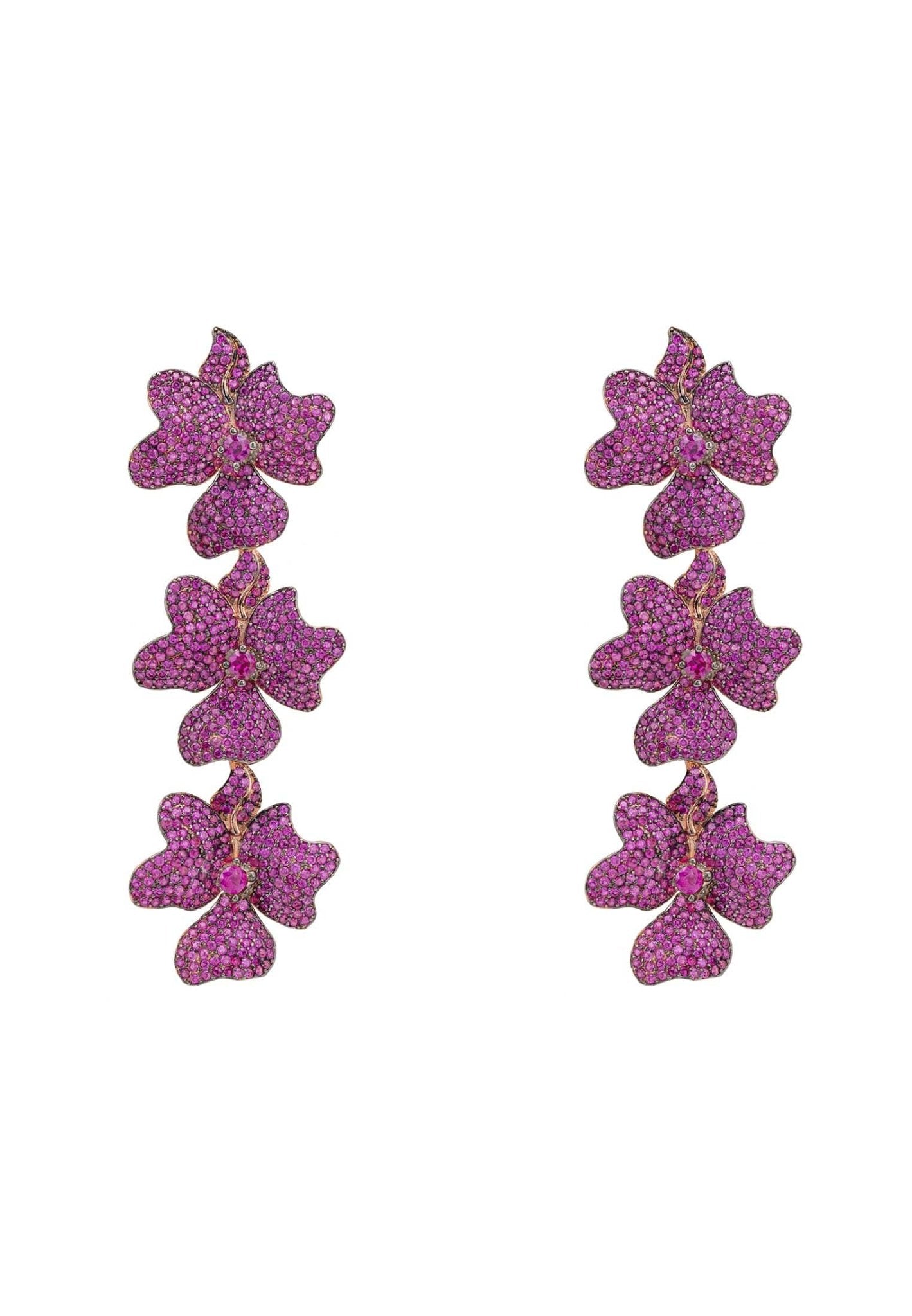 Jasmine Flower Triple Drop Earrings in rosegold featuring sparkling cubic zirconia and ruby accents, elegantly designed for special occasions.