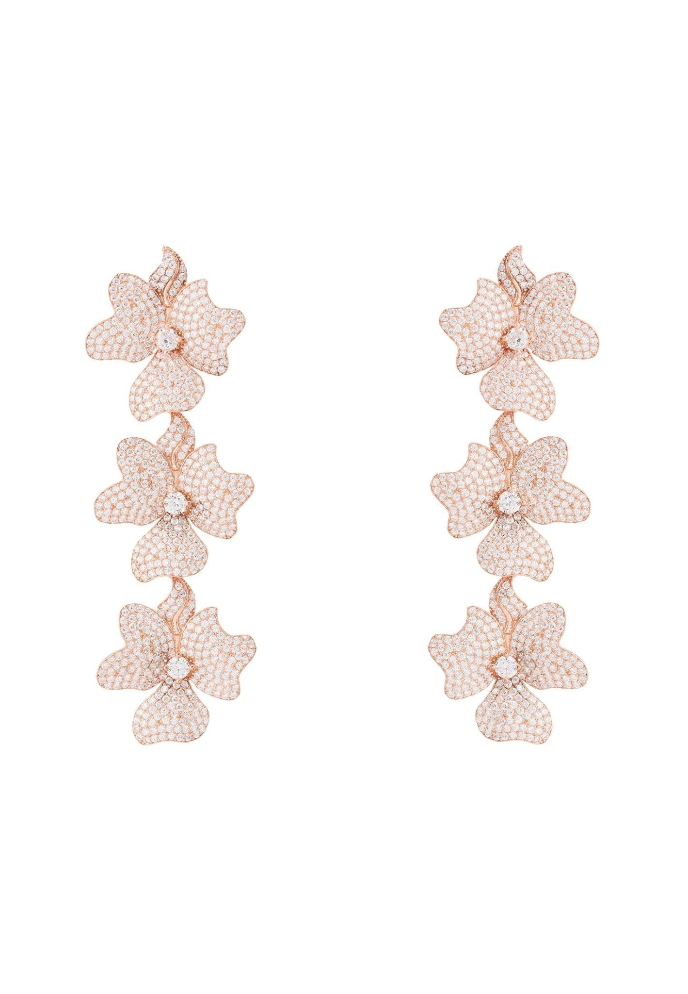 Jasmine Flower Triple Drop Earrings in Rosegold featuring three floral designs adorned with sparkling cubic zirconia.